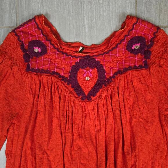 Free People Begonia Embroidered Top Blouse in Red Sz Medium - Picture 2 of 5